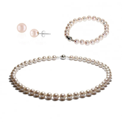 Parure Collier, Bracelet et Boucles d’Oreilles en Perle de culture et Argent 925, Blanc ou Noir