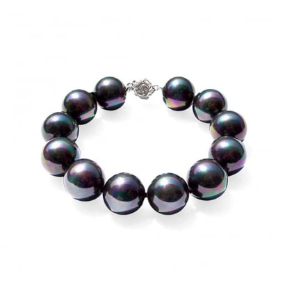 Black Imitation pearls in reconstituted mother-of-pearl Bracelet and 925 Silver Flower Clasp