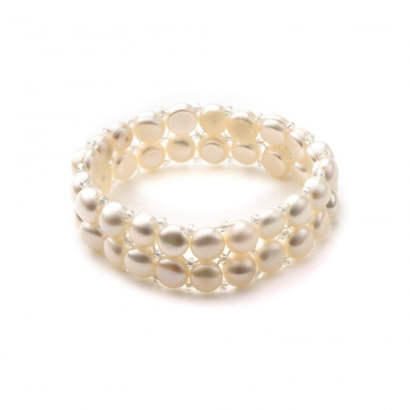 Stretch braccialetto 2 file di perle coltivate bianche 
