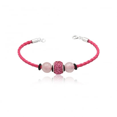 Pink leather bracelet Pink Quartz and Pink Crystal Beads and 925 Silver