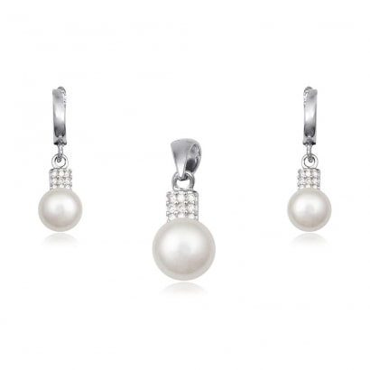 White Pearls and Cz Stones Pendant and Earrings Set and 925 Silver