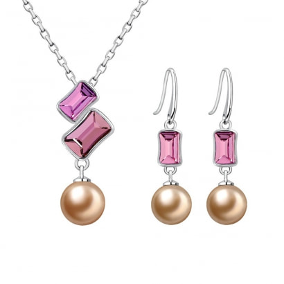 Pearl and Pink Swarovski Crystal Elements Set and Rhodium Plated