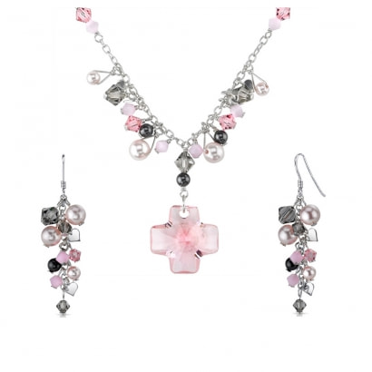 Parure Collier et Boucles d'Oreilles en Perles de Cristal de Swarovski Element Rose et Argent 925