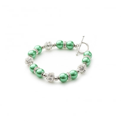 Bracelet 1 Rang en Perles Vertes, Cristal et Plaqué Rhodium
