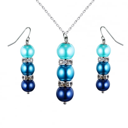 Schmuckset: Halskette und Hänge-Ohrringe mit türkisen Perlen und weißen Kristallen
