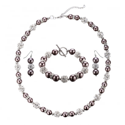 Schmuckset: Halskette und Hänge-Ohrringe mit bronzefarbenen Perlen und weißen Kristallen