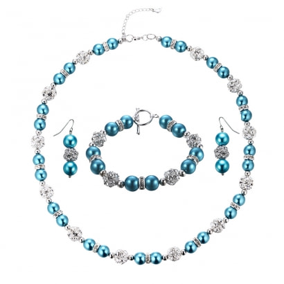 Schmuckset: Halskette und Hänge-Ohrringe mit blauen Perlen und weißen Kristallen