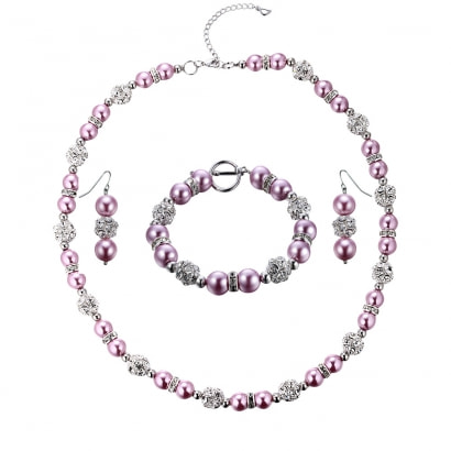 Pink Pearls, Crystal and Rhodium Plated Necklace, Bracelet and Earrings Set 