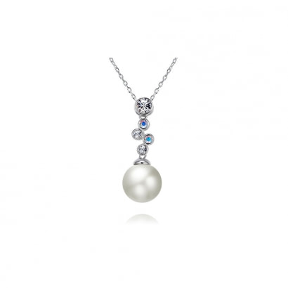 Pearl, White Swarovski Crystal Elements Cascade Pendant and Rhodium Plated
