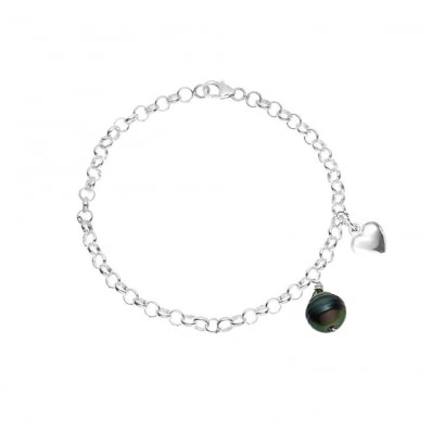 Bracelet Coeur, Perle de Tahiti et en Argent Massif 925/1000