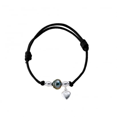 Bracelet Perle de Tahiti, Coeur en Argent 925 et Coton Ciré Noir
