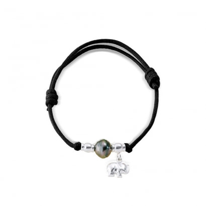 Tahiti-Perlen-Armband, Elefant 925-Sterlingsilber und gewachste Baumwolle Schwarz