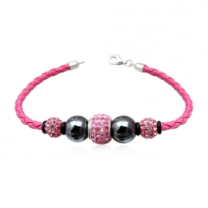 Bracciale in pelle rosa, perla ematite nera e cristallo rosa e argento 925