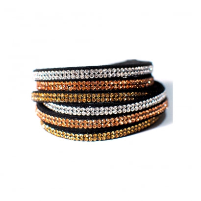 Gold and White Swarovski Crystal Elements and Black Leather 3 Rows Bracelet