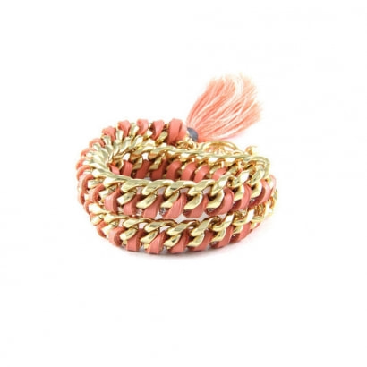 Ettika - Armband aus Gelbgold Kristall Farbbänder Rosa Geflochtene Lederbänder