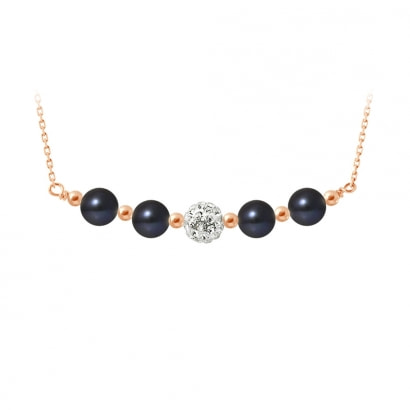 Black cultured pearls necklace, crystal and rose gold plated and 925 silver