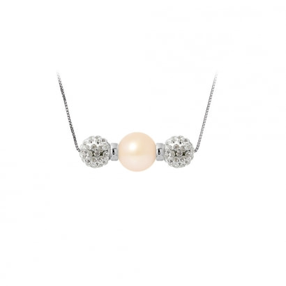 Collar de perla cultivada Rosa, cristal y plata 925.