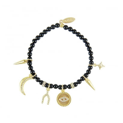 Ettika - Bracelet Stretch en Perles Onyx, Cristal et Charm's Plaqué Or