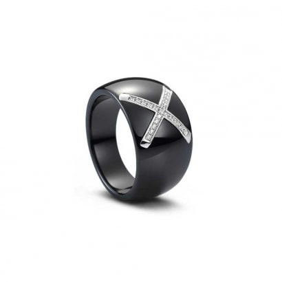 Silber Ring, schwarzer Keramik Kristall und weißen Zirkonia