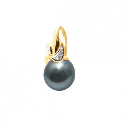 Black Tahitian Pearl and Diamonds Pendant and Yellow Gold 375/1000
