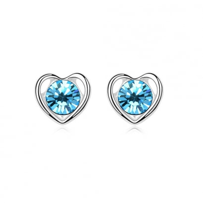Boucles d'Oreilles Cœur en Cristal de Swarovski Element Bleu et Plaqué Or Blanc