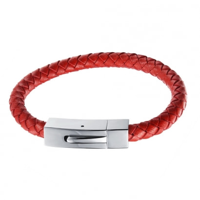 Red Braided Leather and Stainless Steel Man Bracelet 