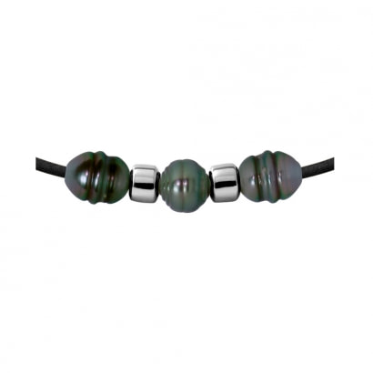 3 Tahitian Pearls Neoprene Necklace and 925 Sterling Silver