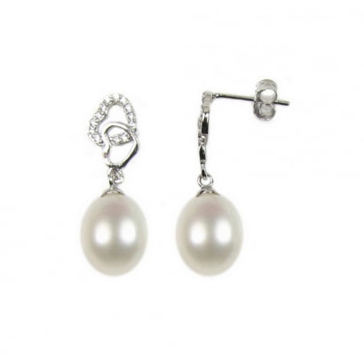 White Freshwater Pearls Hearts Dangling Earrings and 925/1000 Silver
