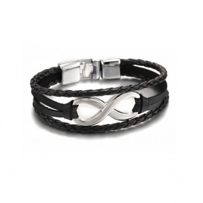 Black Multi Rows Infinity Leather and Stainless Steel Man Bracelet 