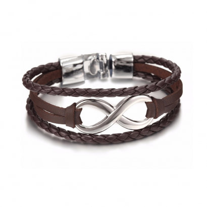 Brown Multi Rows Infinity Leather and Stainless Steel Man Bracelet 