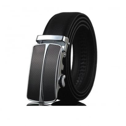 Men's Black Leather Belt and Black and Silver Steel Buckle