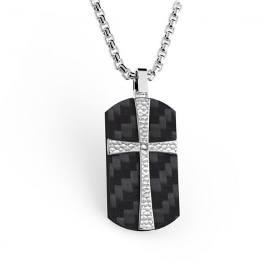 Stainless Cross and Black Carbon and Cubic Zirconia Men Pendant