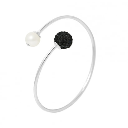 Bangle Bracelet in 925 Silver and Cultured Pearl and Black Crystal
