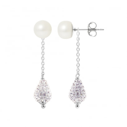 White Cultured Pearls, White Crystal and 925 Silver Dangling Earrings
