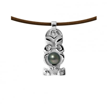 Tahitian Pearl Totem Tribal Leather Man Necklace and 925 Sterling Silver totem