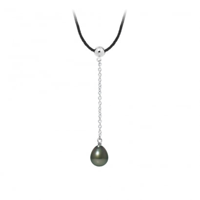 Halskette in schwarzer Baumwolle, Tahiti Perle und Sterling Silber 925