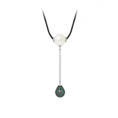 Tahitian Pearl and White Freshwater Pearl, Black Cotton Woman Necklace and 925 Sterling Silver