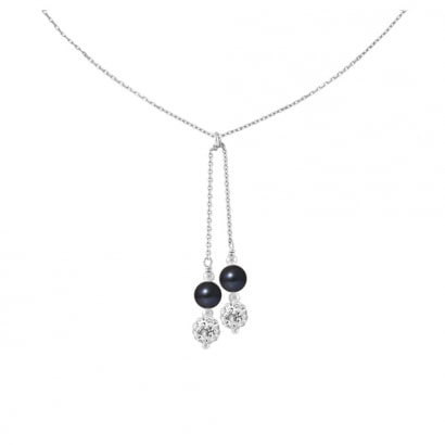 2 Black Freshwater and Crystal Pearls and 925 Silver Necklace