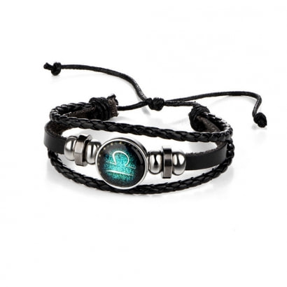 Black Multi Row Leather Libra Man Bracelet and Stainless Steel 