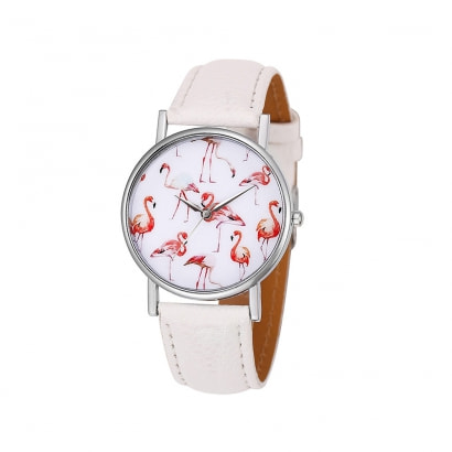 Flamingo Watch and White Leather Bracelet