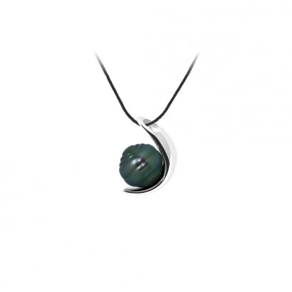 Black Cotton Necklace, 9mm Rimmed Tahitian Pearl Pendant and Silver 925/1000