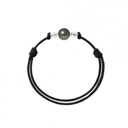 9mm Tahitian Pearl Bracelet, in Sterling Silver 925/1000 and Black Waxed Cotton