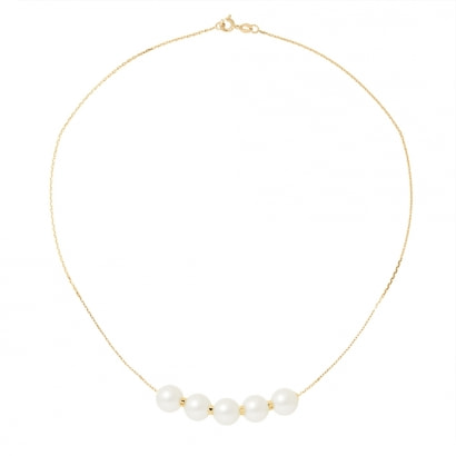 8 mm 5 Perlen Halskette mit Weissen Zuchtperlen und 750/1000 Gelbgold