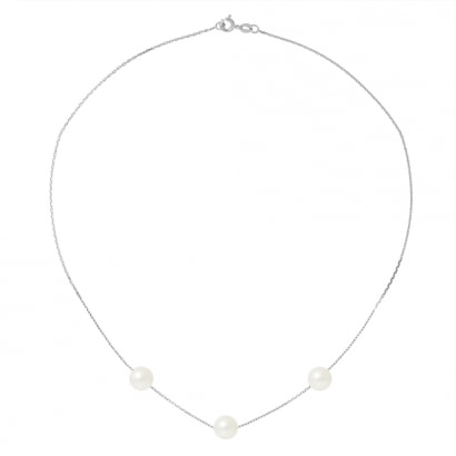 Collier Chaine Forcat Or Blanc 750/1000 et 3 Perles de Culture Blanches