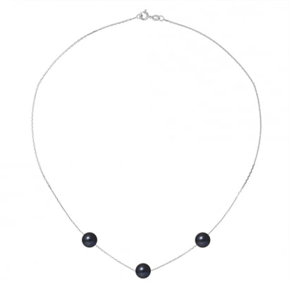 Collier Chaine Forcat Or Blanc 750/1000 et 3 Perles de Culture Noires