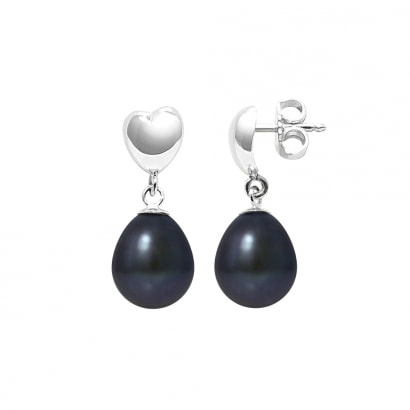 Black Freshwater Pearls Hearts Dangling Earrings and White gold 375/1000