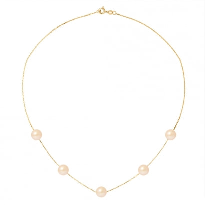 7 mm 5 Perlen Halskette mit Rosa Zuchtperlen und 750/1000 Gelbgold
