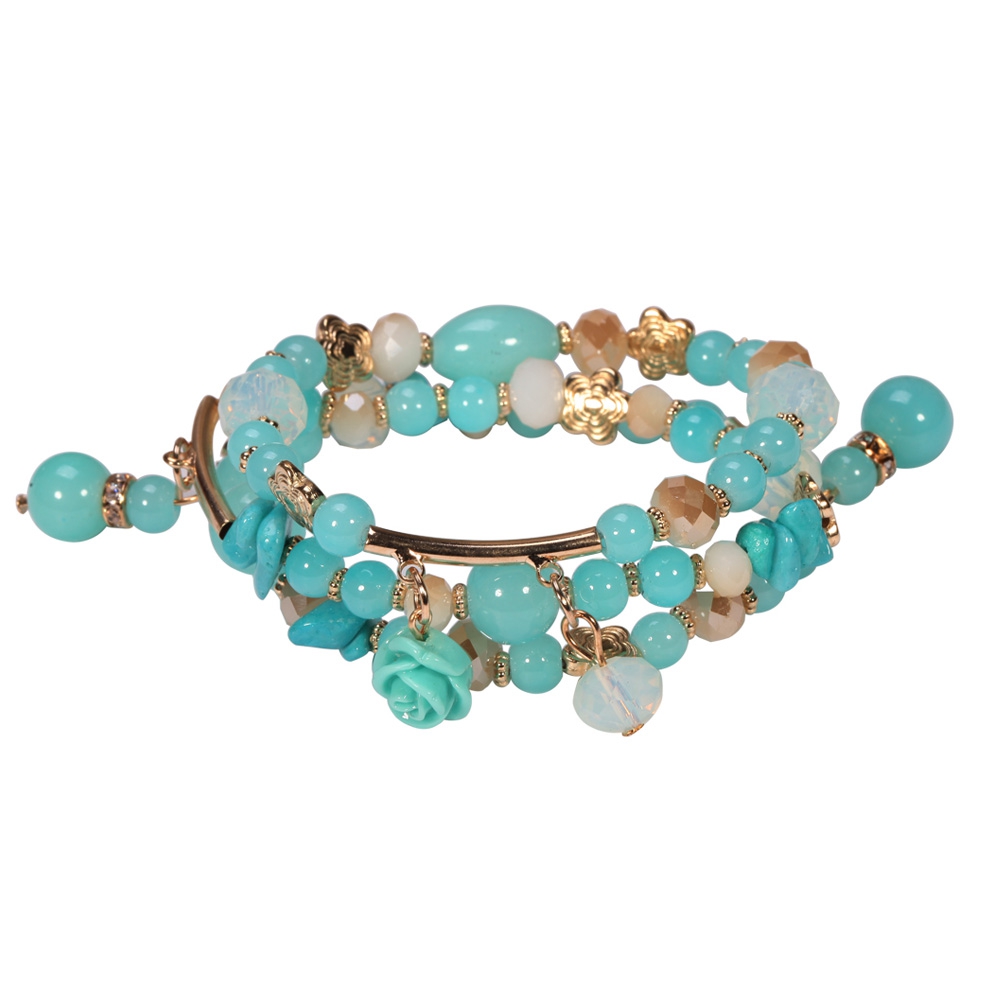 Bracelet Fantaisie Multirangs Turquoise En Perles Et Cristal Bracelets Blue Pearls 